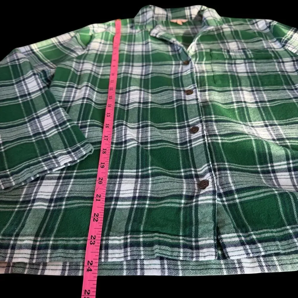 Eberjey Flannel Long Pajama Set Green Plaid Button Down Size Small